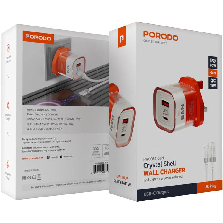 Porodo Charger PDFWCH036OGC - GaN 20W PD & QC Fast Charge, Transparent