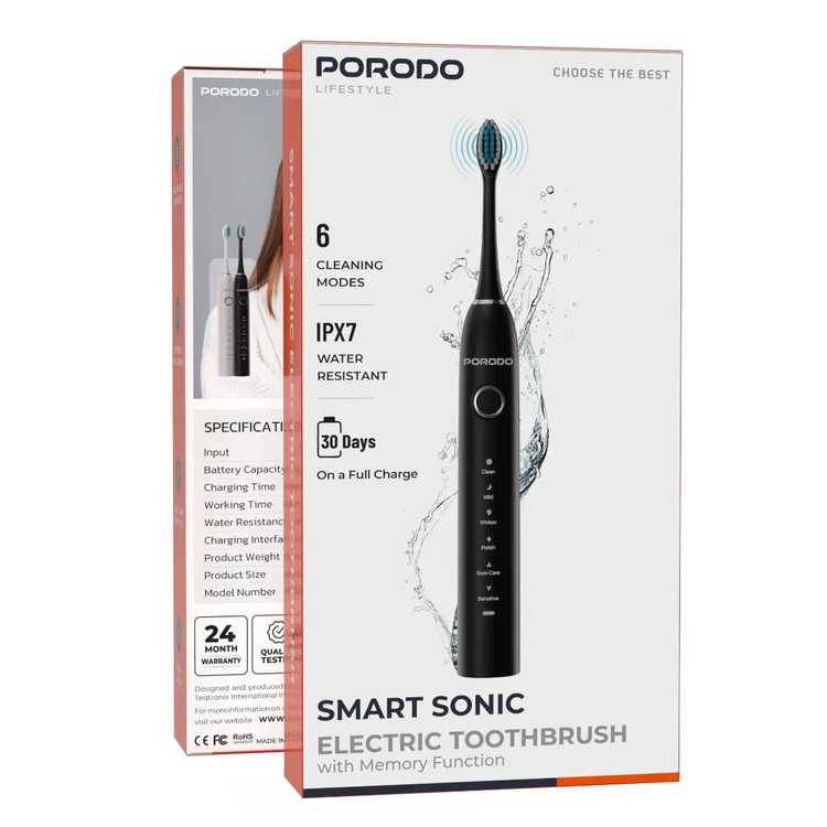 Porodo Electric Toothbrush PDLFSTXCA8BK - Sonic, 6 Modes, Black