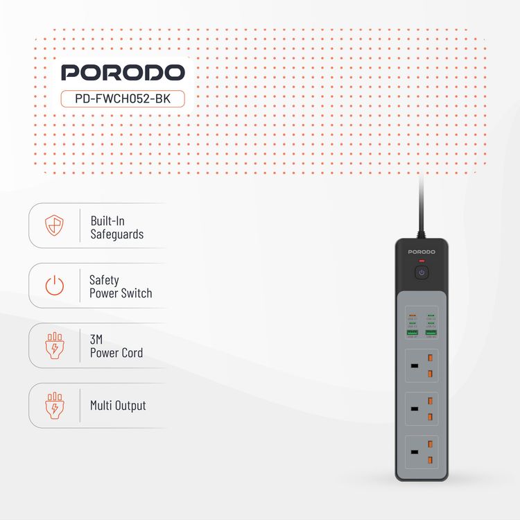Porodo Power Strip PDFWCH045WH - 4 AC Outlets, 6 USB Ports, 3M Cord, Black