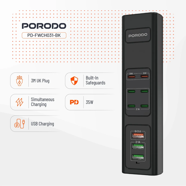 Porodo USB Charging Hub PDFWCH031BK - 85W Multi-Port, Black