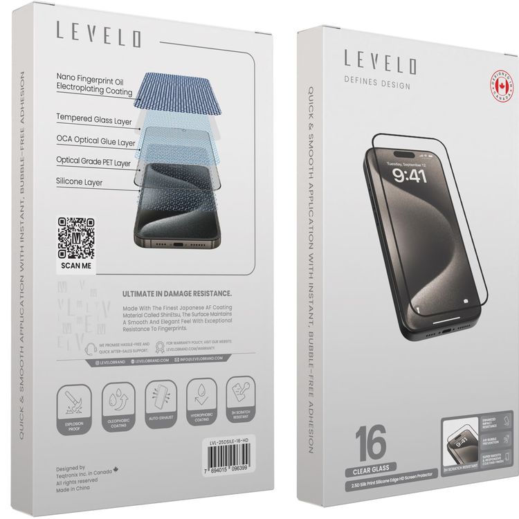 LEVELO Screen Protector iPhone 16 - 2.5D Silk Print, Clear