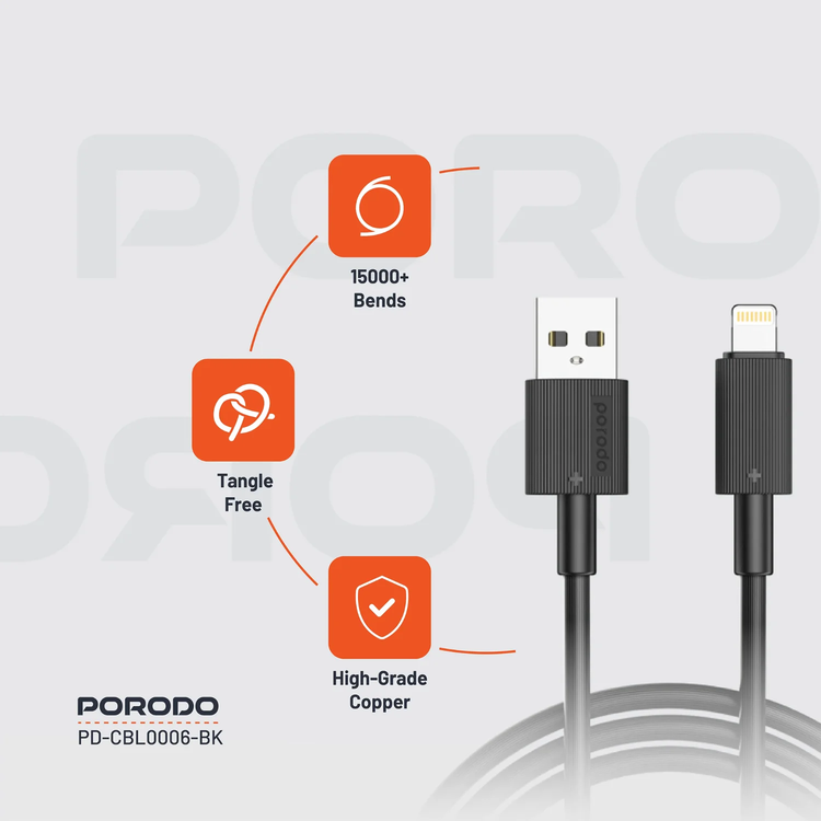 Porodo USB A to Lightning Cable 3m, PD-CBL0006-BK - Black