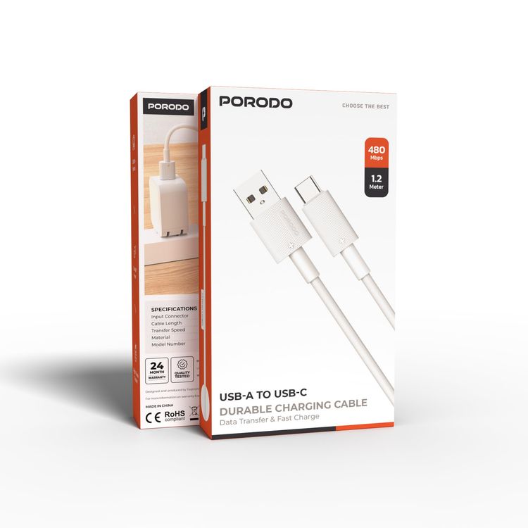 Porodo USB-A to Lightning Cable PDCBL0001WH - Fast Charging, White