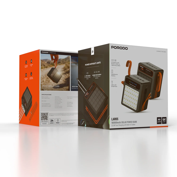 Porodo LAROS Solar Power Bank 160000mAh, PDPB160BK - Black