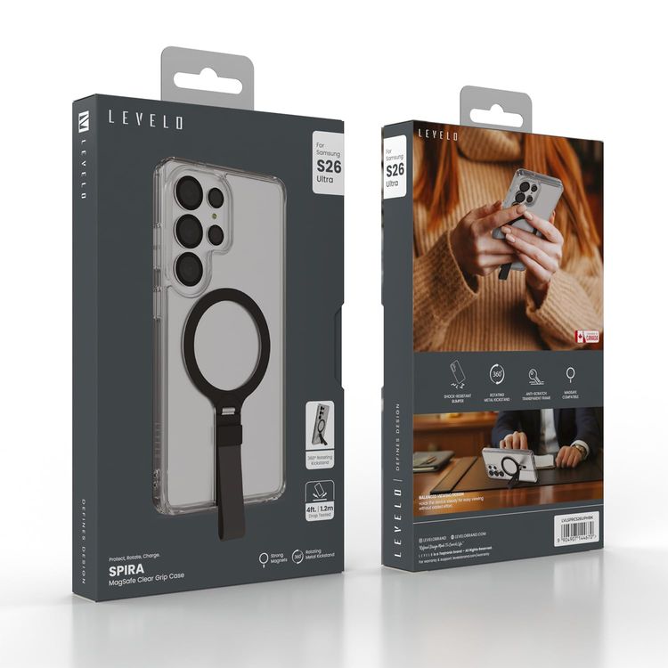 LEVELO Clear Case S26 Ultra - 360° Rotating Kickstand, Black