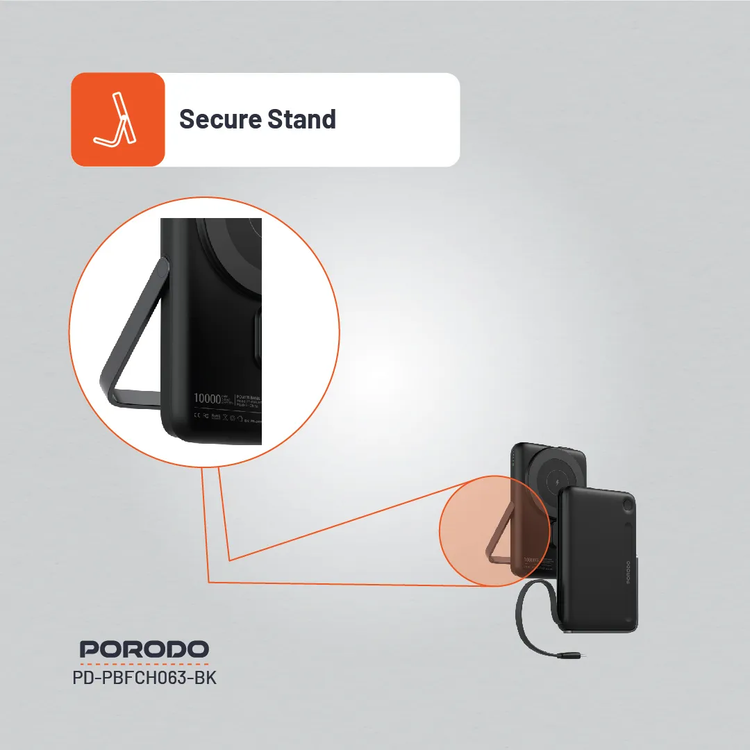 Porodo Power Bank PDPBFCH065BK 10000mAh with Type-C Stand - Black