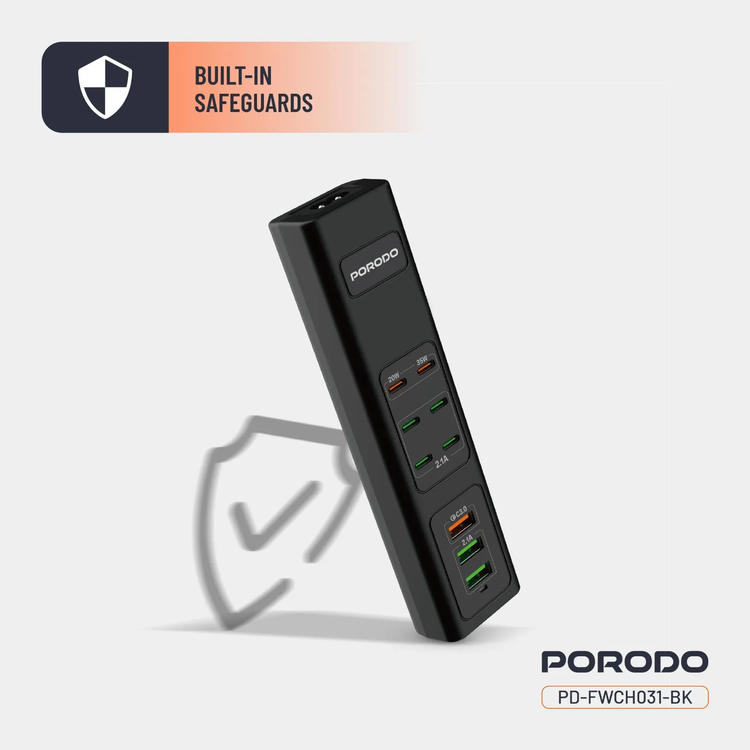 Porodo USB Charging Hub PDFWCH031BK - 85W Multi-Port, Black