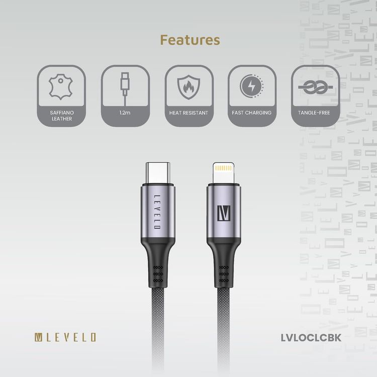LEVELO USB-C to Lightning Cable LVLOCLCBK - 30W Fast Charging, Black