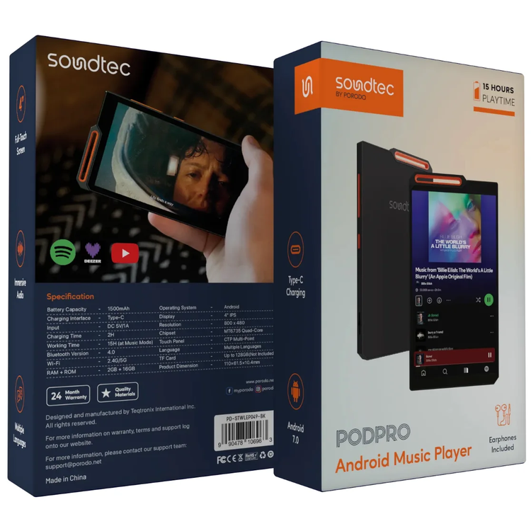 Porodo Music Player Pod Pro PD-STWLEP049-BK - 4" Display, Black