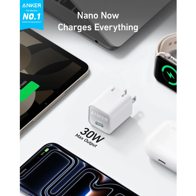 Anker Nano Pro Adapter, 30W GaN Fast Charger, PIQ 3.0 - White