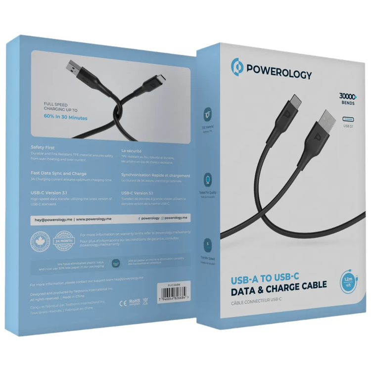 Powerology USB-A to USB-C Cable PUC3ABK - Fast Charge 3A, Black