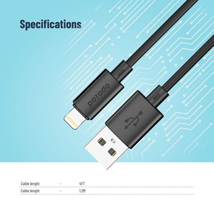 Porodo USB-A to Lightning Cable PB-3AALC-BK - 3A Fast Charge, Black