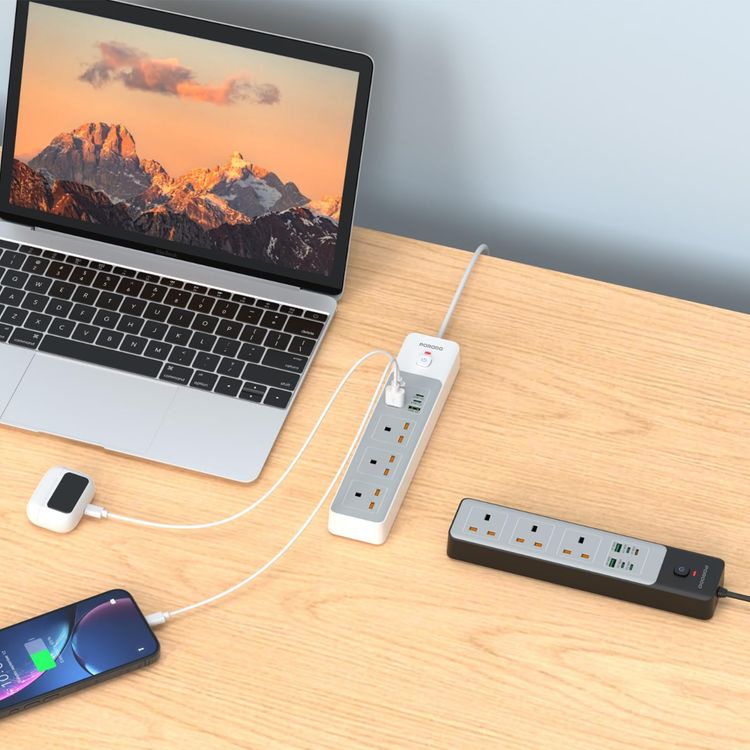Porodo Power Strip PDFWCH045WH - 4 AC Outlets, 6 USB Ports, 3M Cord, Black
