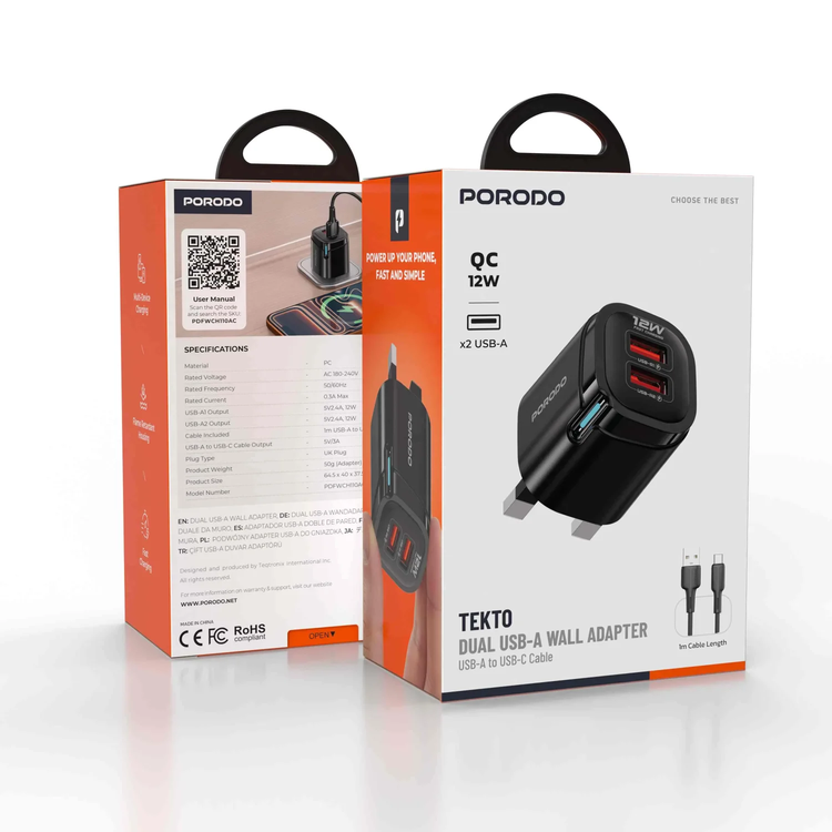 Porodo Wall Adapter PDFWCH110ACBK - Dual USB-A Ports with USB-A to USB-C Cable, Black