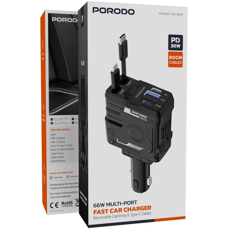 Porodo Car Charger & Audio Transmitter PDFWCH029BK - PD 36W, Voltage Monitor, Black
