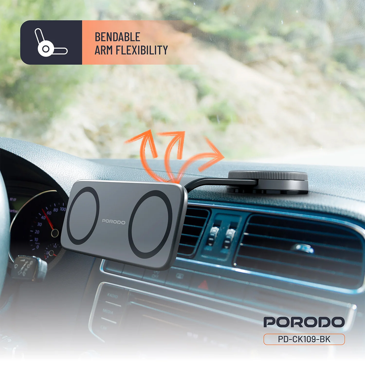 Porodo Dual Magnetic Car Mount PDCK109BK - Vacuum & Adhesive, 360° Rotation, Black
