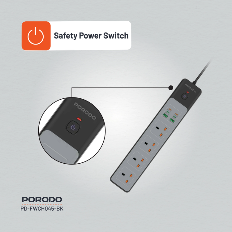 Porodo Power Strip PD-FWCH045-BK - 4AC 65W 3000W, Black