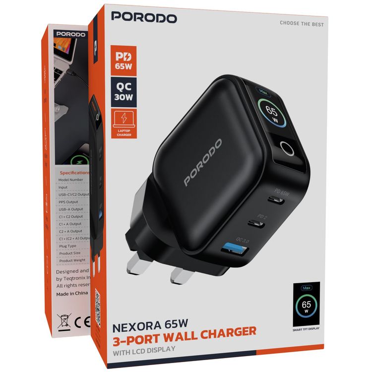 Porodo GaN Charger PDWCP5265BK - 65W 3-Port with LCD Display, Black