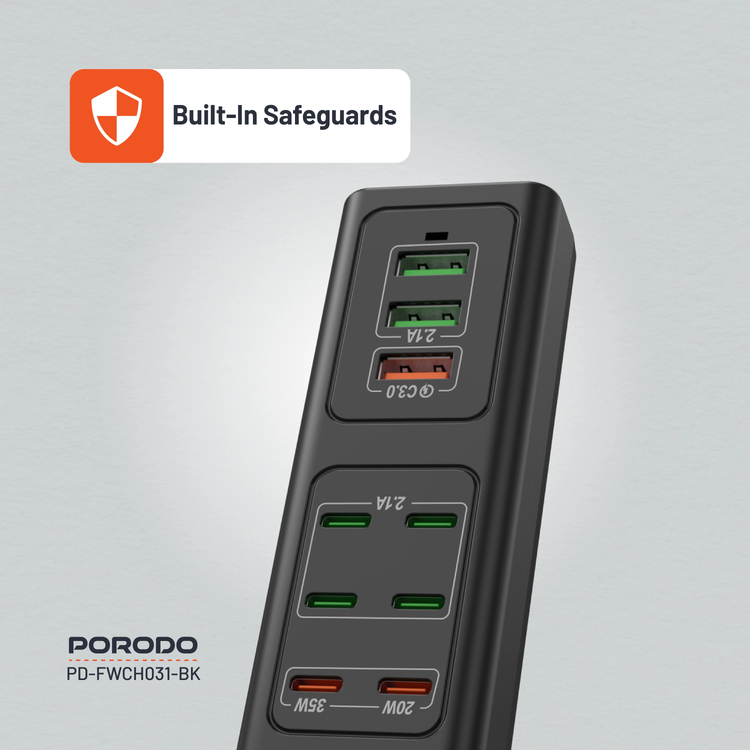 Porodo USB Charging Hub PDFWCH031BK - 85W Multi-Port, Black