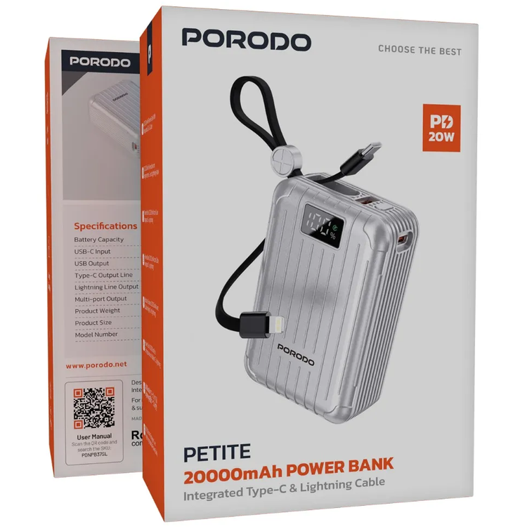 Porodo Power Bank Petite PDNPB37SL - 20000mAh, Type-C & Lightning, Silver