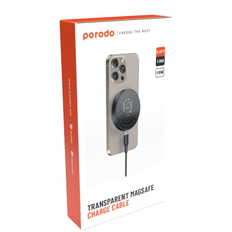 Porodo Magfit Charge Cable PD-MGSC18-BK - 15W Fast Charging, Transparent
