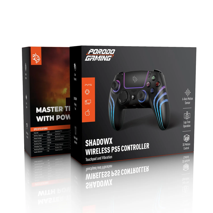 Porodo SHADOWX Wireless Gaming Controller PDX641BK - 6-Axis Motion, Black