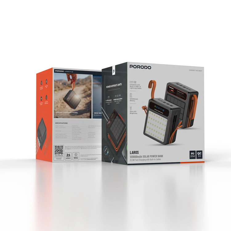 Porodo LAROS Solar Power Bank 120000mAh, PDPB120BK - Black