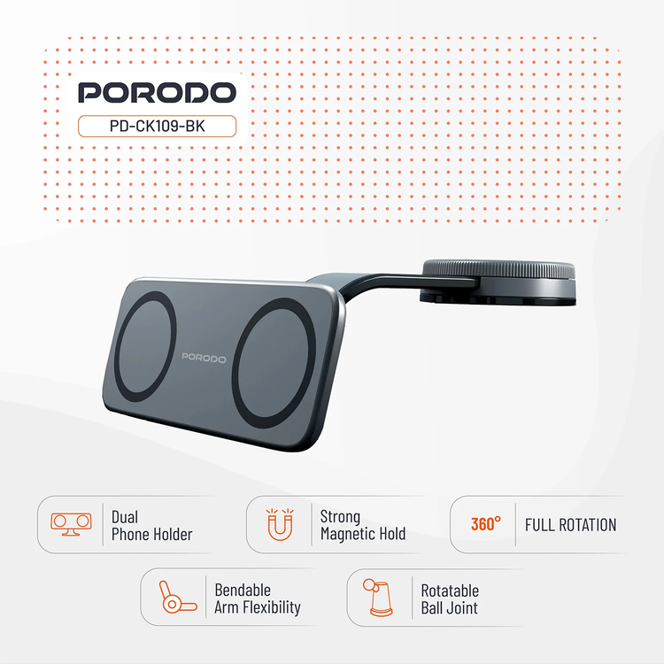 Porodo Dual Magnetic Car Mount PDCK109BK - Vacuum & Adhesive, 360° Rotation, Black