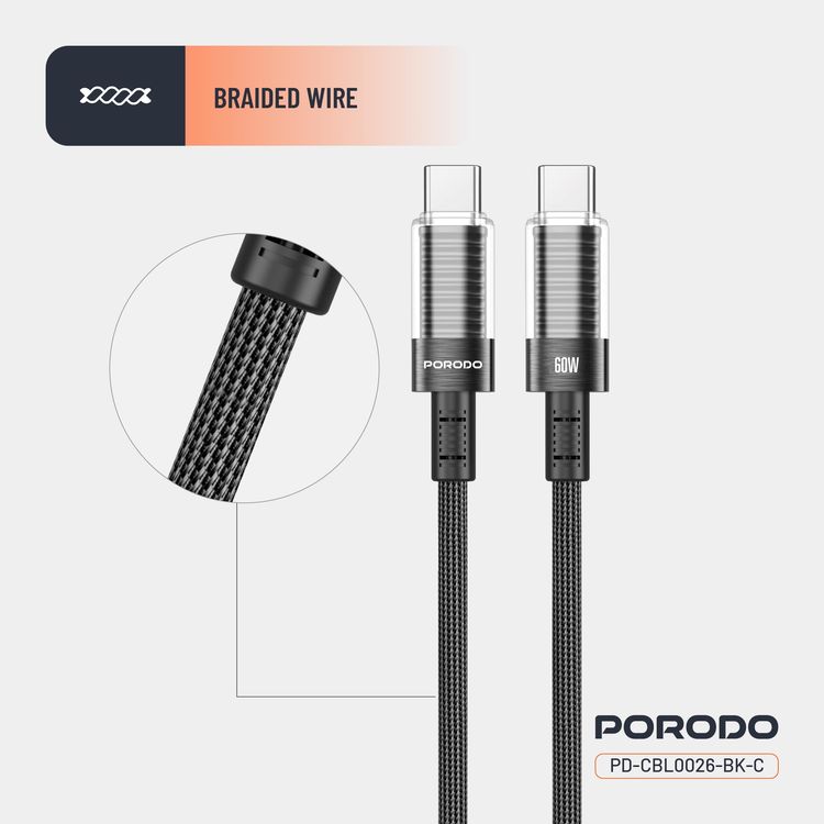 Porodo USB-C to USB-C Cable PD-CBL0026-BK - 60W PD, Braided, Black