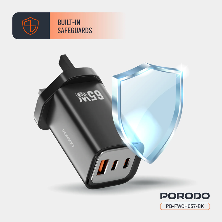Porodo Wall Charger PD-FWCH037-BK - 65W Triple Output, Black