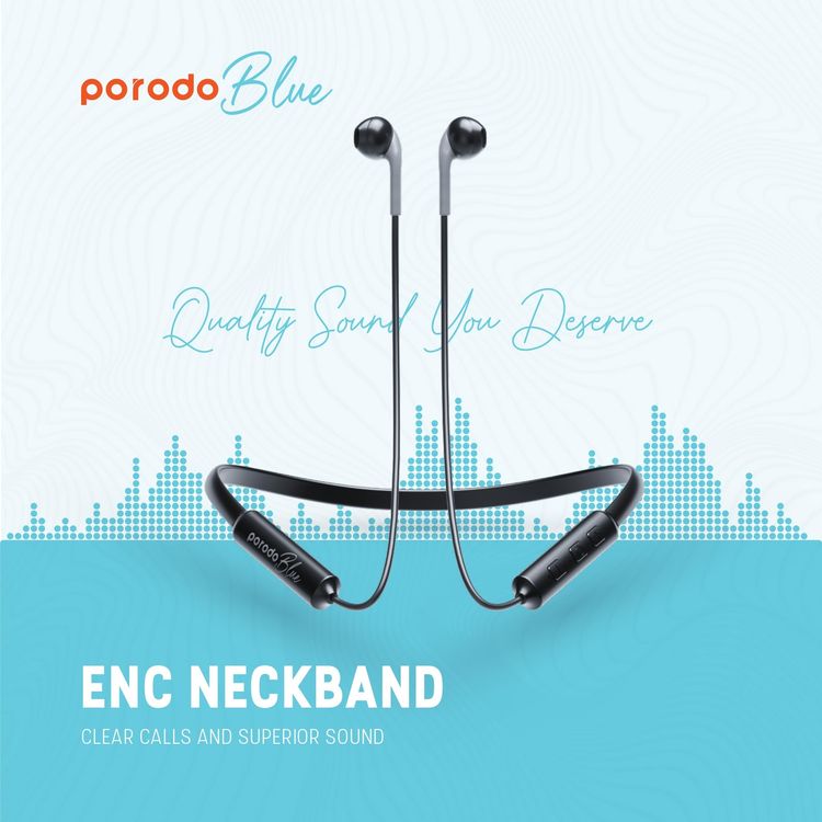 Porodo Neckband Earbuds PB-NKBAB-BK - ENC, Bluetooth 5.3, Black