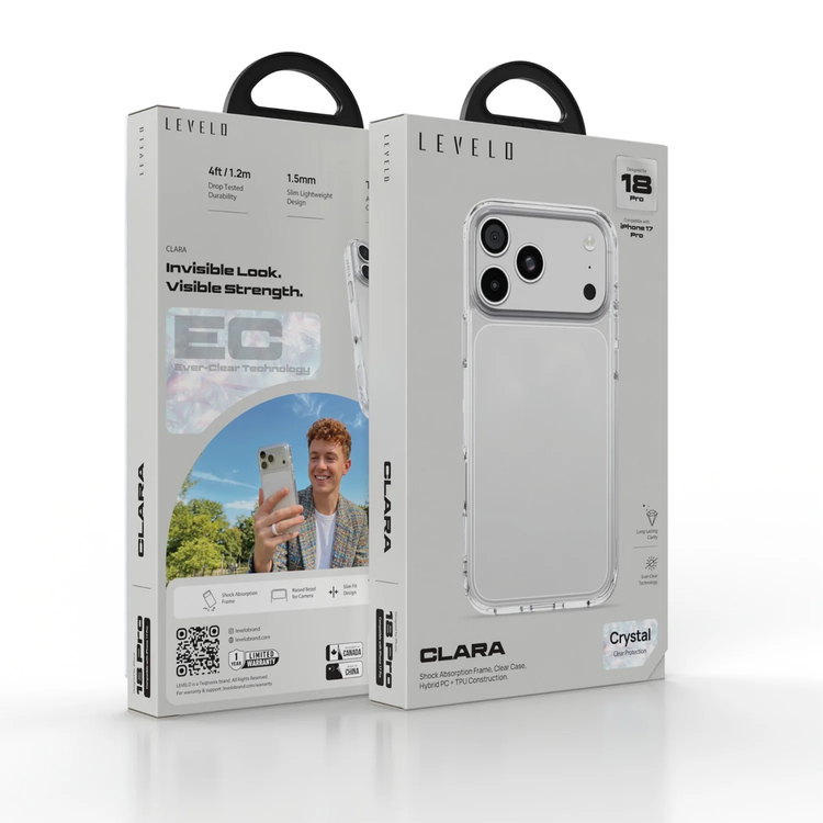 غطاء Levelo CLARA لجهاز iPhone 18 Pro، مقاوم للصدمات - شفاف.