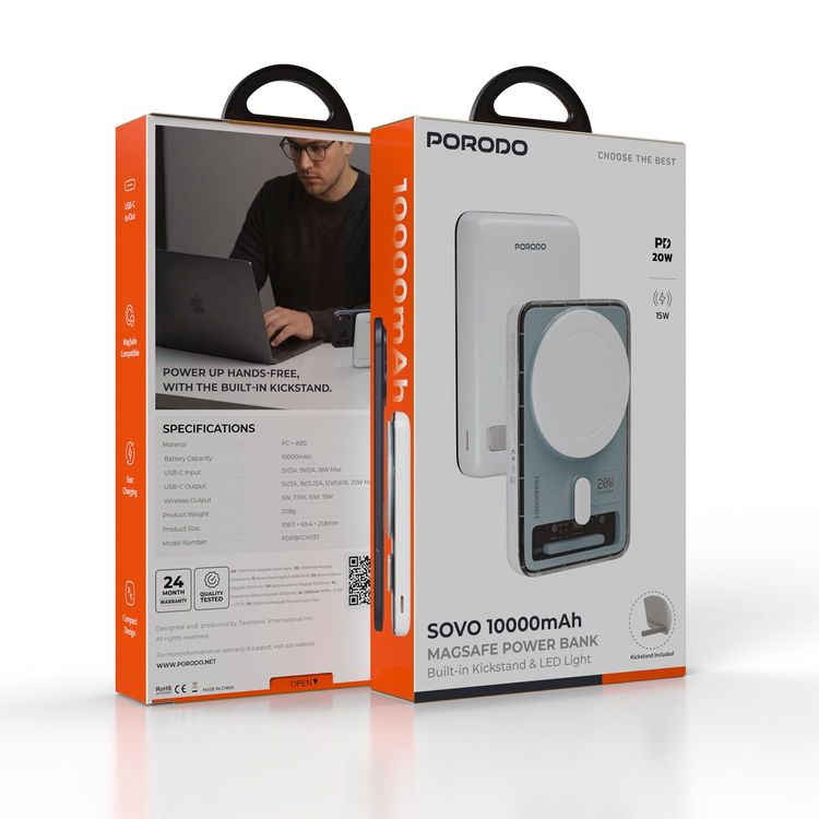 Porodo Power Bank PDPBFCH036WH - 5000mAh, 20W PD, Wireless, White