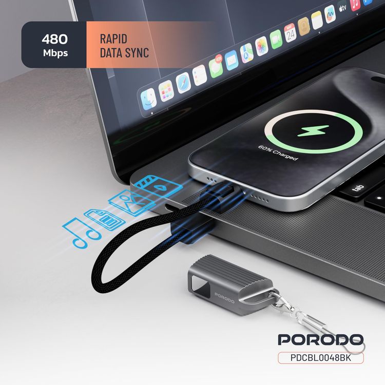 Porodo ChargeLoop USB-C to USB-C Cable PDCBL0048BK - 30W Fast Charge, Black