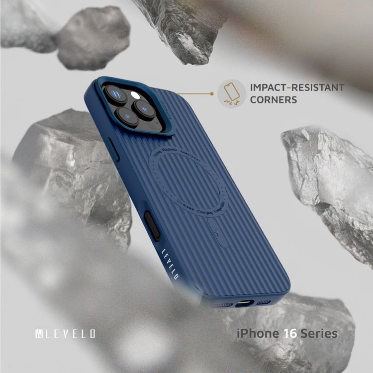 Levelo غطاء سيليكون TPU آيفون 16 برو - ماجسيف، حامل معدني، أزرق