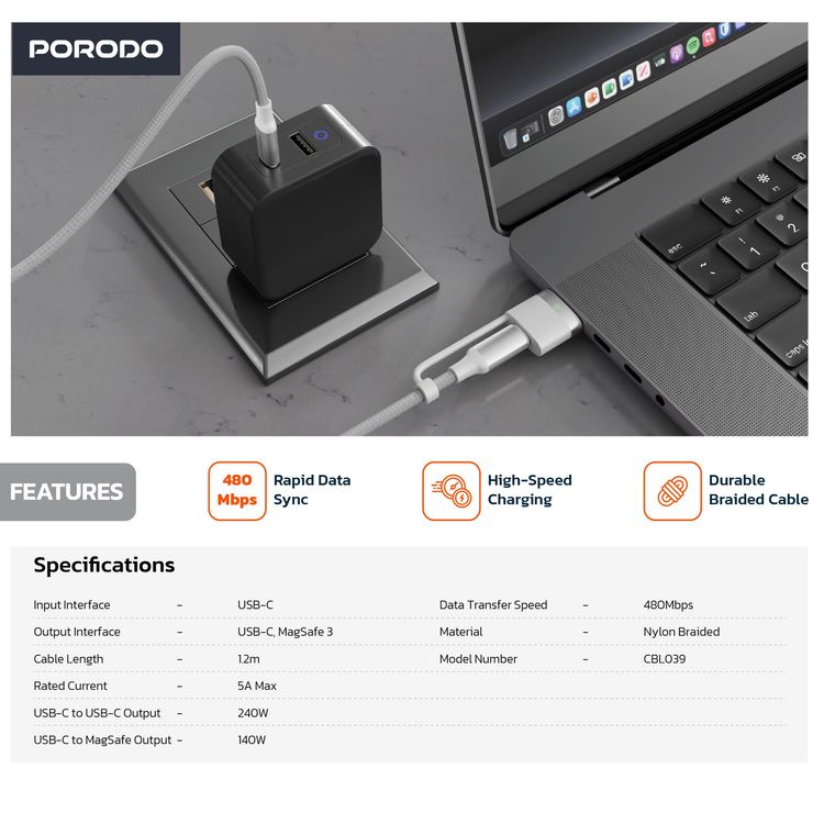 Porodo Charging Cable PDCBL0034BK - 4-in-1 Braided, 1M, Black