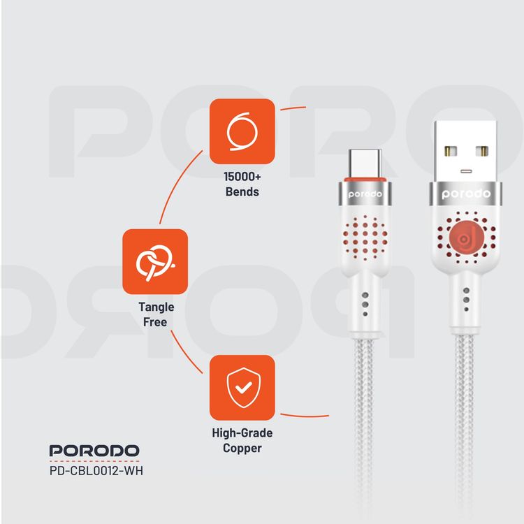 Porodo USB-A to USB-C Braided Cable PDCBL0012WH - 1.2m, Fast Charging, White