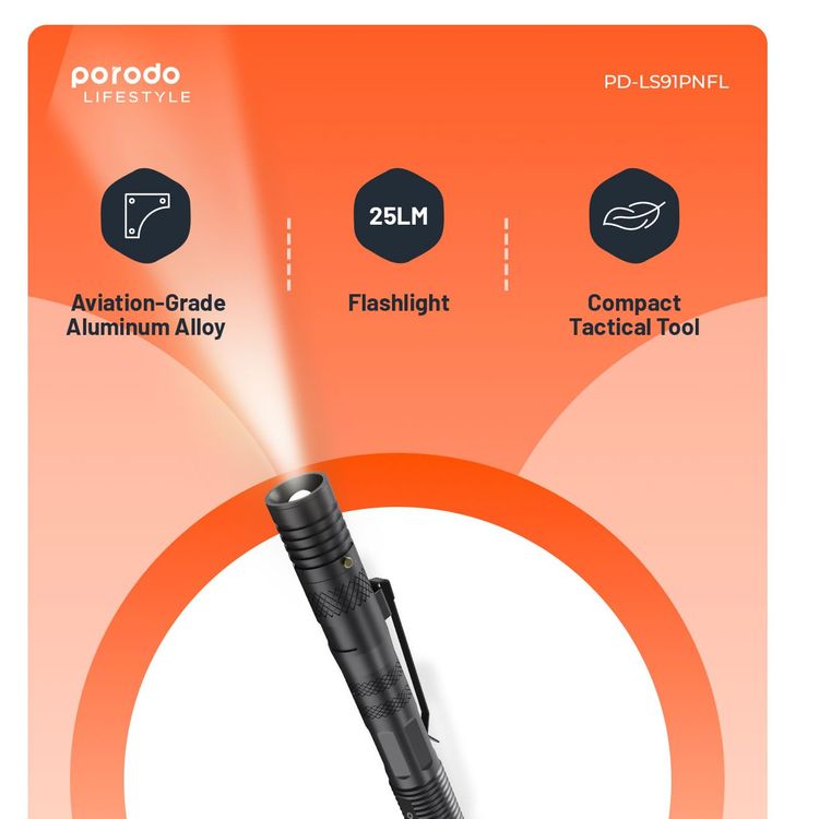 Porodo Flashlight PD-LS91PNFL - 6in1 Tactical, Black/Gray