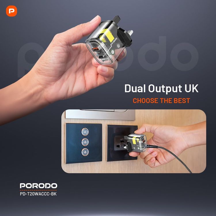 Porodo Quick Charger PD-T20WACCC-BK - Dual Output 20W+18W, Black