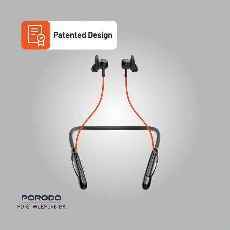 Porodo Neckband Earphones PDSTWLEP046BK - ENC, Bluetooth 5.3, Black
