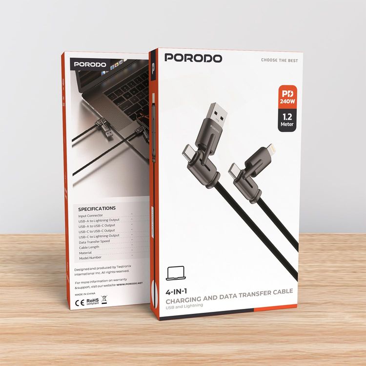 Porodo 4-in-1 Charging & Data Cable PDCBL0050BK - 240W PD, Black