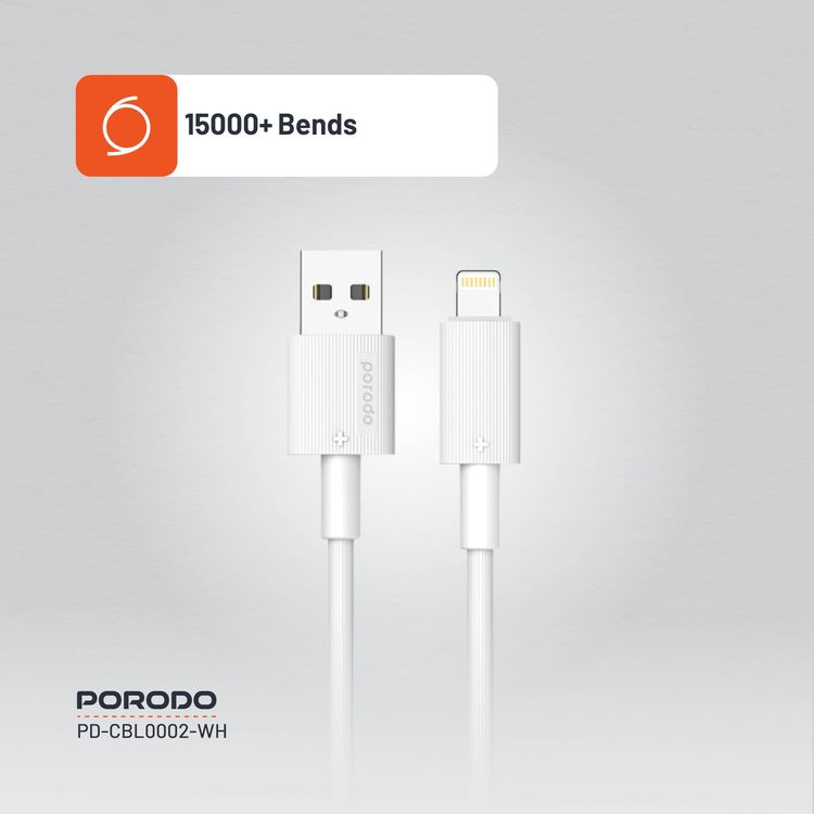 Porodo USB-A to Lightning Cable PDCBL0002WH - 3M, Fast Charging, White