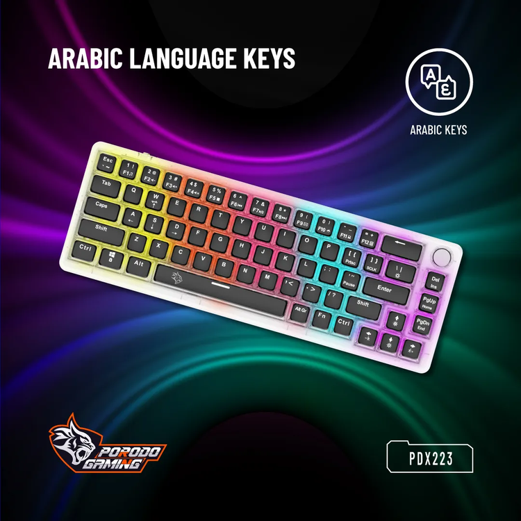 Porodo Mechanical Keyboard PDX223 - 67 Keys, Transparent, Pudding Keycaps, Rotary Knob
