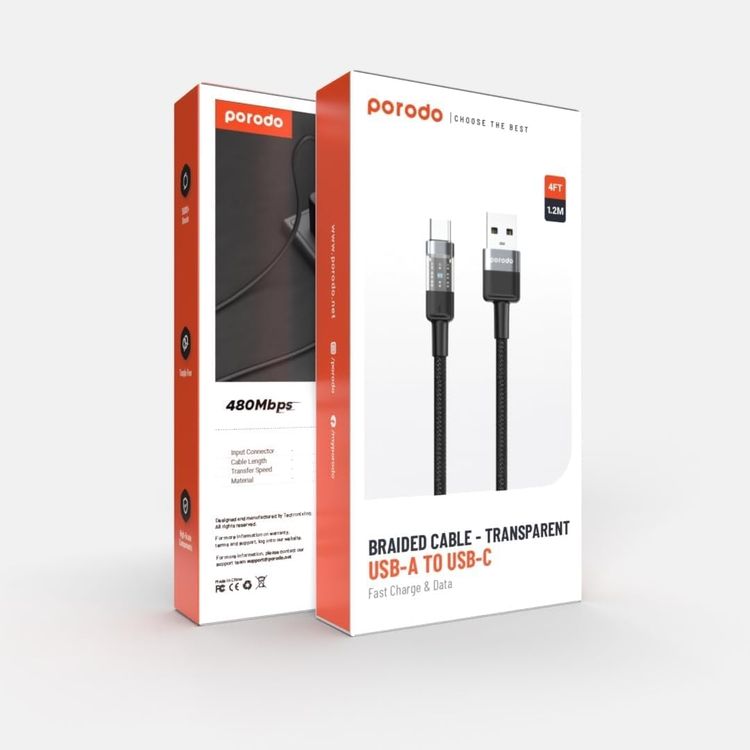 Porodo USB-A to USB-C Cable PD-3AACTH-BK - Braided, Fast Charging, Black
