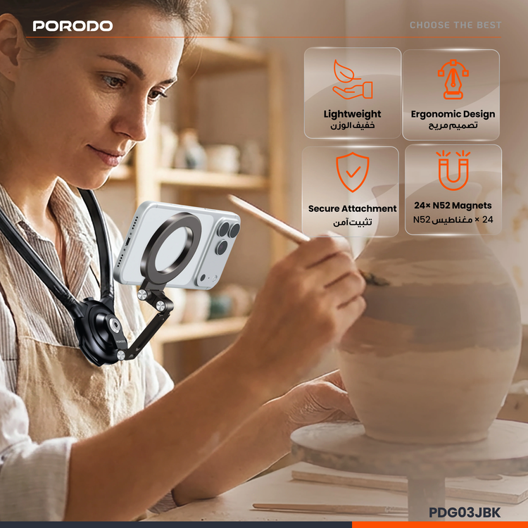 Porodo Neck & Chest Phone Holder PDG03JBK - Magnetic Lock, 360° Rotation, Black