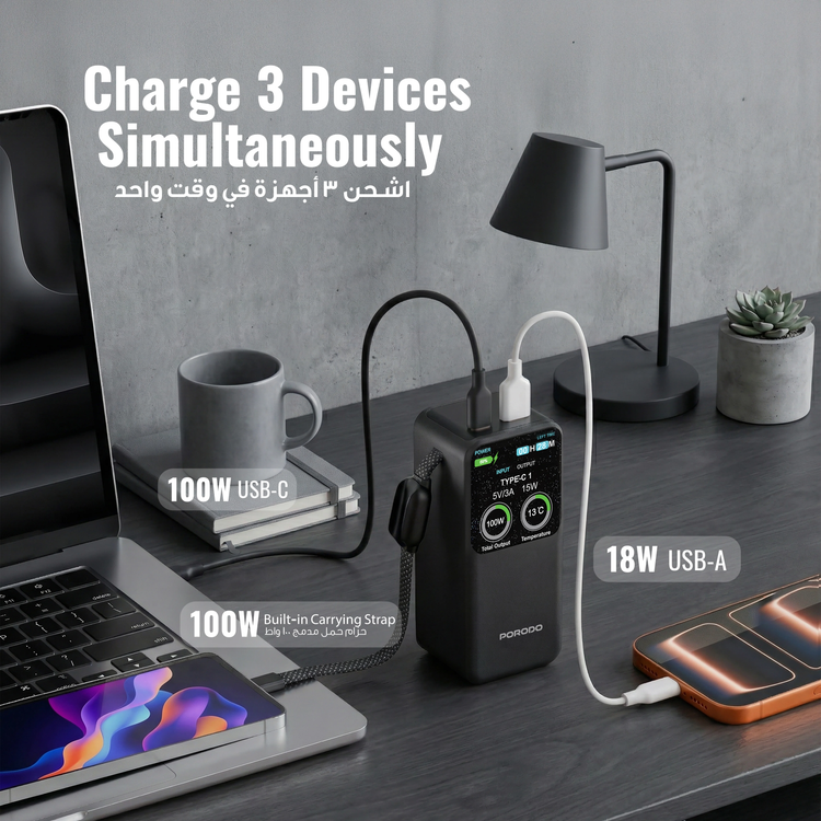 Porodo Power Bank POLO II - 20000mAh 100W USB-C, Black