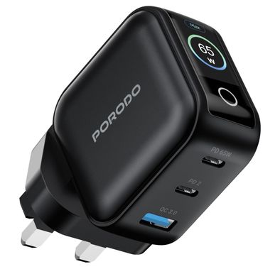 Porodo GaN Charger PDWCP5265BK - 65W 3-Port with LCD Disp...