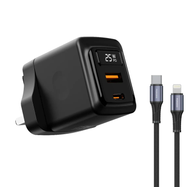 Porodo PD Charger PDFWCH076LBK - GaN Dual-Port 25W with T...