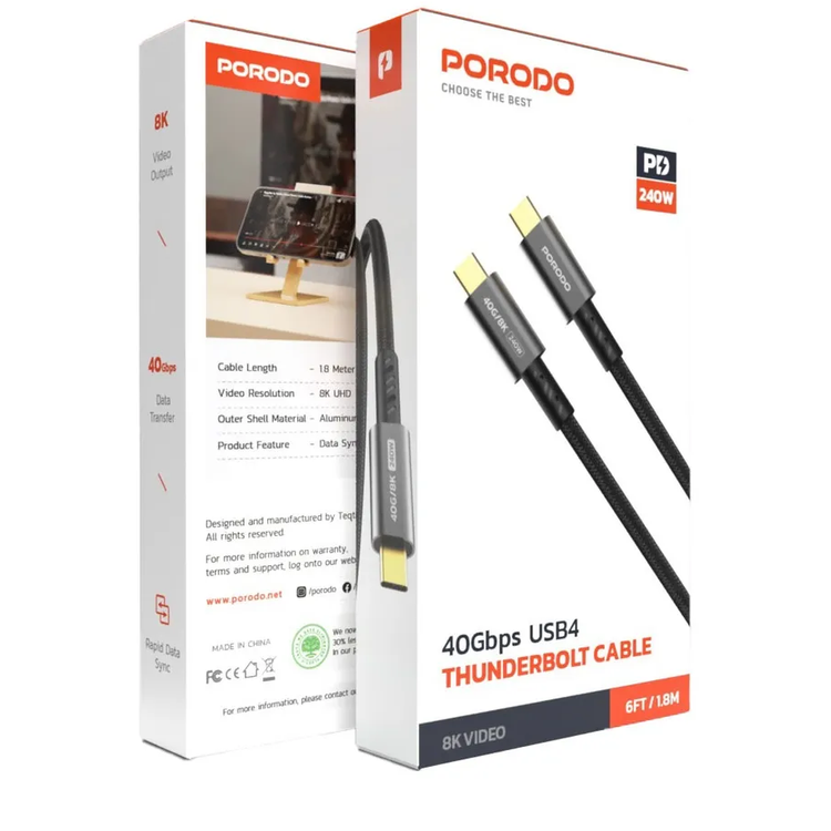 Porodo USB Type-C Cable PD-WCC240W - 240W PD, 40Gbps, 1.8m, Black