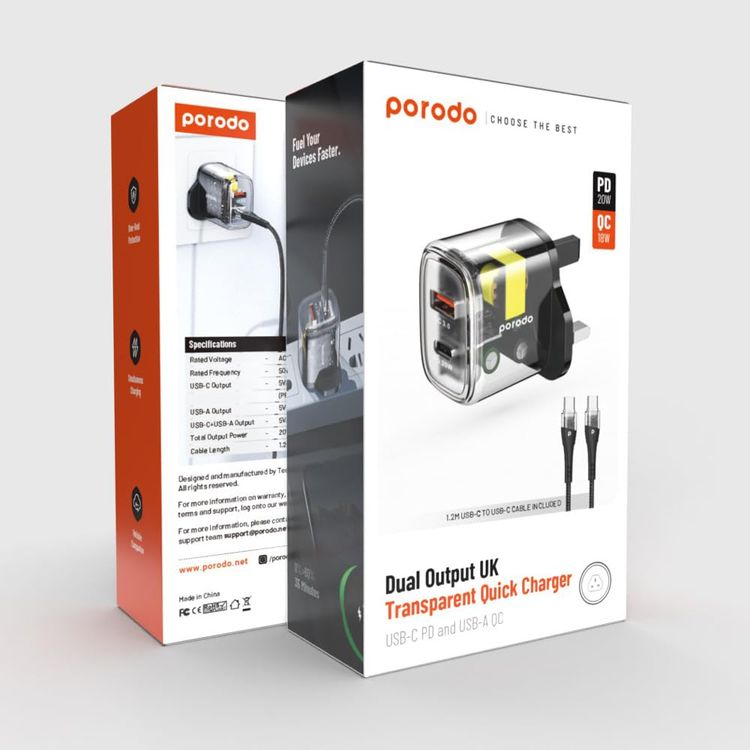 Porodo Quick Charger PD-T20WACCC-BK - Dual Output 20W+18W, Black